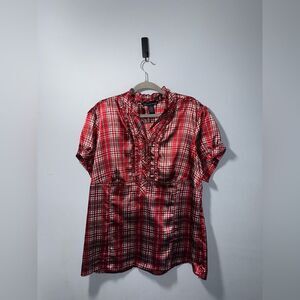 Antilia Femme Women’s Silky Plaid Button Up Puff Sleeve Top size 3XL EUC